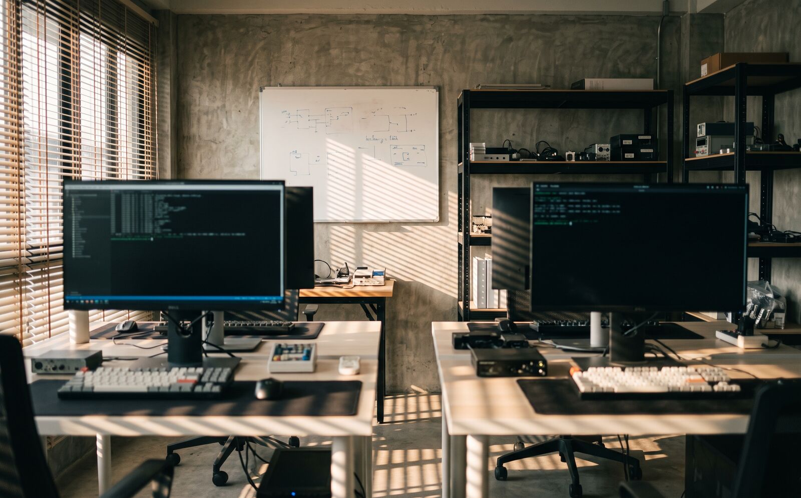 Angel13 Systems office: four desks, terminals, whiteboard, afternoon light through blinds